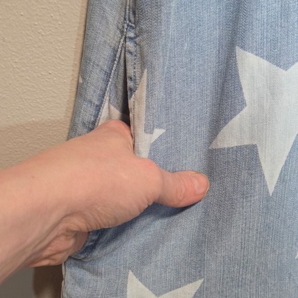Easel Star Print Chambray Denim Midi Dress Frayed Hem Americana Western Size S - Picture 11 of 13
